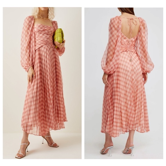 NWT Acler Mattison Pleated Plaid Chiffon Maxi Dress in Peach Size 6 Chic Retro - Picture 15 of 15